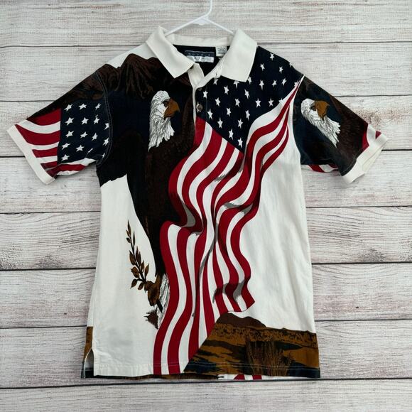 Vintage Royal Air AOP American Flag Bald Eagle Print Polo Shirt Men's L White‎ - Picture 1 of 11